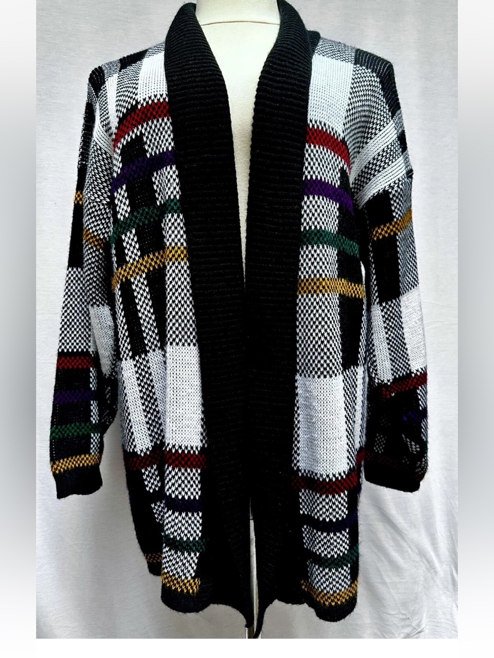 Vtg JJ Poole SWEATER CARDIGAN WOMENS PLAID CHECKERED COSBY OPEN FRONT USA MADE L